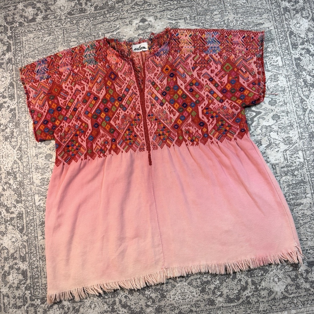Arloom Huipil Hand Embroidered Tunic Blouse Womens Pink Blue Orange OS